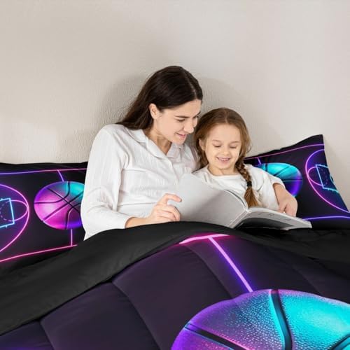 Basketball Quilted Duvet Queen,Sports Game Bedding Set 3pcs for Kids Teens Boys Room Decor,Neon Watercolor Geometric Lines Comforter Set Black Microfiber Duvet Insert with 2 Pillowcases