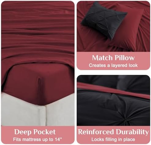 JOLLYVOGUE Twin Comforter Set 7 Pieces - Bed in a Bag Twin for All Season, Pintuck Bedding Comforter Sets with Comforter, Flat Sheet, Fitted Sheet and Pillowcases & Shams, Black & Burgundy