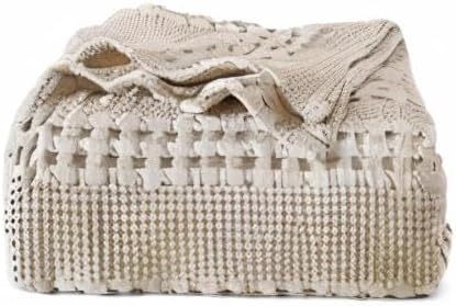 PHF 100% Cotton Waffle Weave Blanket Queen Size for Bed, Soft Lightweight & Breathable for Spring and Summer, All-Season Comfort, Luxury Aesthetic Blanket for Home Decor, 90"x90", Light Taupe/Oatmeal