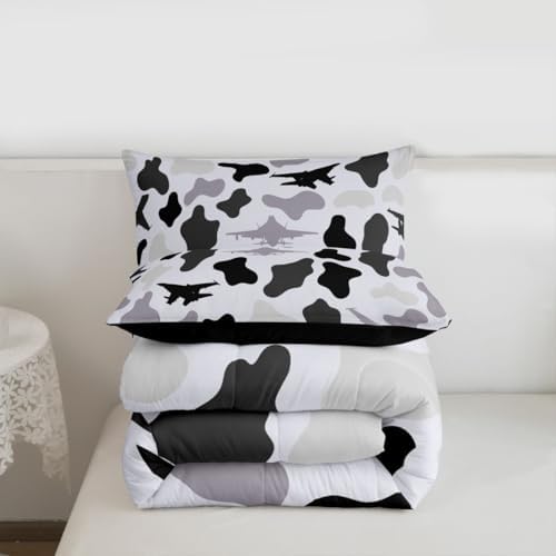 Manfei Grey Camouflage Comforter Set Queen Size,Military Aircraft Camo Bedding Set 3pcs,Airplane Themed Camo Down Comforter for All Season,Kids Boys Girls Room Decor,2 Pillowcases,No Sheets