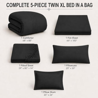 Twin XL Comforter Set with Sheets Black, 5 Pieces Bed in a Bag