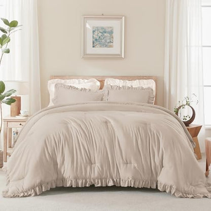 Andency Khaki Queen Comforter Set, 3 Pieces Farmhouse Shabby Chic Bedding