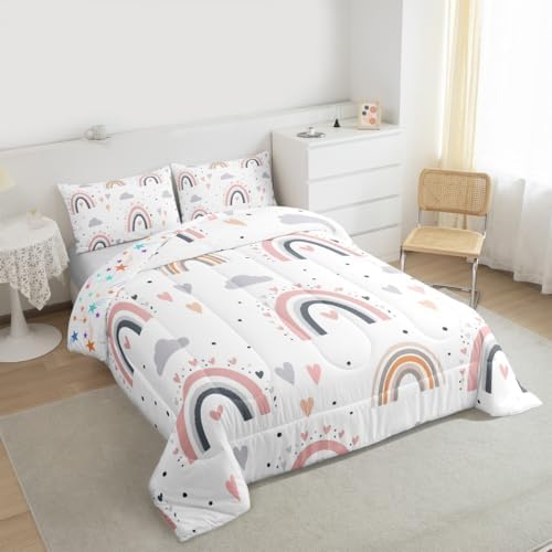 Rainbow Queen Bedding Sets For Girls, Kawaii Cloud Comforter Set 3 Pieces With 2 Pillow Cases, Pink Love Heart Down Comforter For Kids Boys Women Adult, Hand Drawn Cartoon Rainbow Duvet Insert