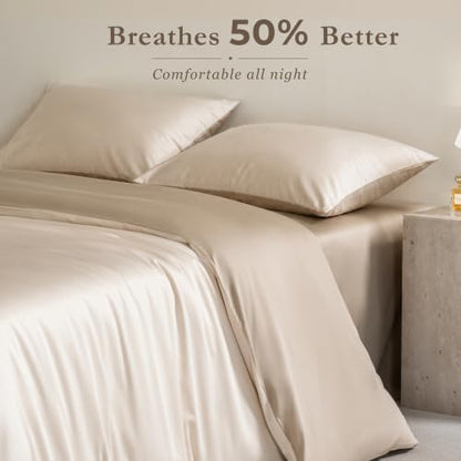 Full Size Duvet Cover, 100% Egyptian Cotton,1600 Thread Count, Reversible Duvet Cover, Soft and Breathable Satin Bedding Set, All Seasons (Heather Oat Beige, 80"x90")