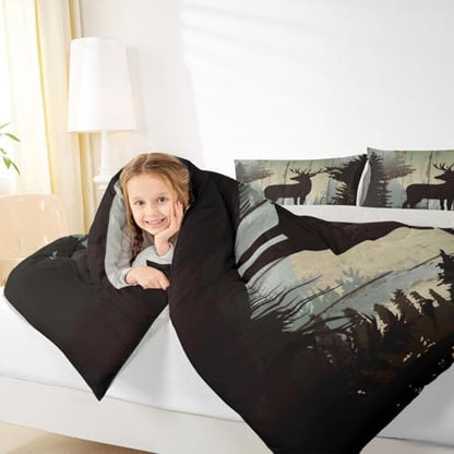 Castle Fairy Deer Hunting Comforter Set King Size,Rustic Farmhouse Wooden Bedding Set 3pcs for Kids Teens Adults Room Decor,Pine Botanical Animals Silhouette Quilted Duvet Retro Brown Bedspread