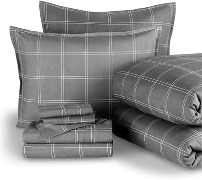 Bare Home Bed-in-A-Bag 7 Piece Set (Full, Modern Plaid - Grey/White)