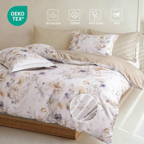 Queen Comforter Set 3 Pieces, 100% Cotton Watercolor Beige Floral Bedding Set for All‑Season, Soft Reversible Comforter with 2 Pillow Shams