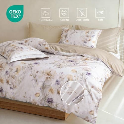 Queen Comforter Set 3 Pieces, 100% Cotton Watercolor Beige Floral Bedding Set for All‑Season, Soft Reversible Comforter with 2 Pillow Shams