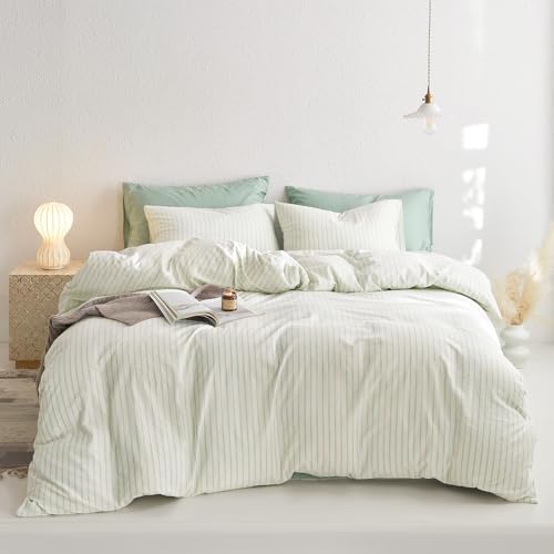 Wake In Cloud Striped Cotton Duvet Cover Set, Aqua White, Queen