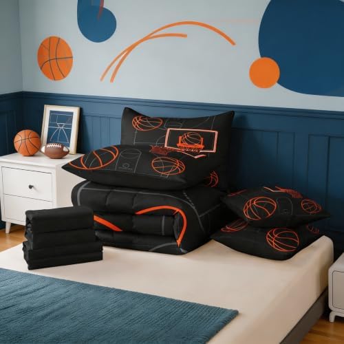Erosebridal Basketball Games Boys Kids 7 Piece Bedding Set Twin | Gaming Ball Pattern Comforter Set with Sheets Sports Theme Bed in A Bag Black Orange Bed Sets