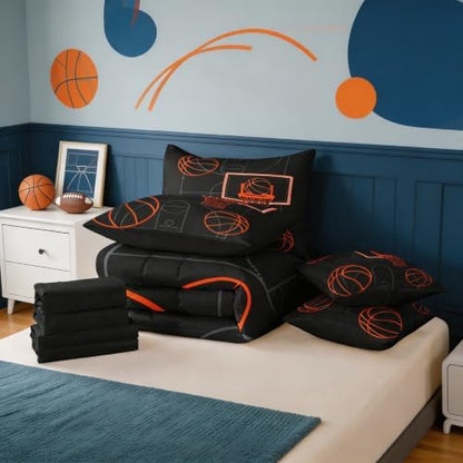 Erosebridal Basketball Games Boys Kids King 7-Piece Comforter Set | Gaming Ball Pattern Sheets and Pillowcases Sports Theme Bed in A Bag Black Orange Bed Sets