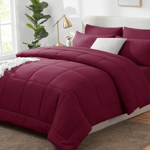CozyLux King Size Comforter Set Burgundy - 7 Pieces Bed in a Bag