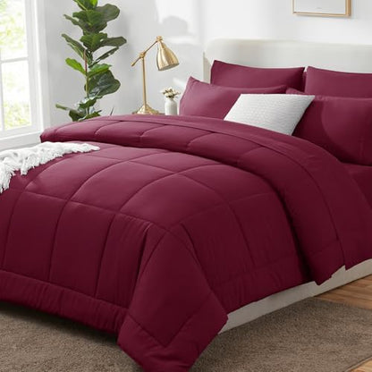 CozyLux Queen Comforter Set Burgundy - 7 Pieces Bed in a Bag