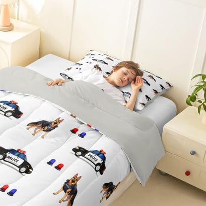 Feelyou Police Car Comforter Set Toddler Size Dogs Bedding Set for Kids Boys Girls Policeman Vehicle Duvet Quilt Bedroom Decor Microfiber 2 Pcs with 1 Pillow Case