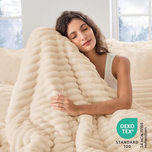 Sasttie Fluffy Full Comforter Set, 3-Piece Soft Fleece Bedding, Beige