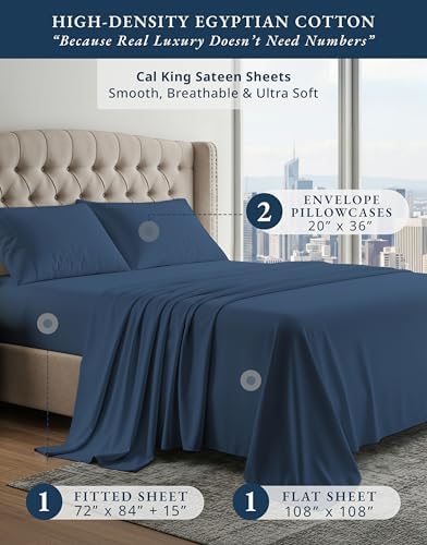 LANE LINEN California King Sheets 100% Egyptian Cotton Sateen - Estate Blue