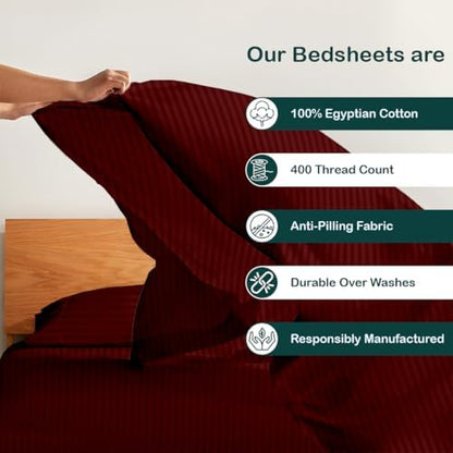4-Piece Twin XL Sheet Set - 100% Extra Long Staple Cotton, 400 Thread Count, Deep Pockets 15 to 18 Inches, Burgundy Stripe, Hotel-Quality Bedding, Soft & Breathable Bedding for Twin-XL Bed
