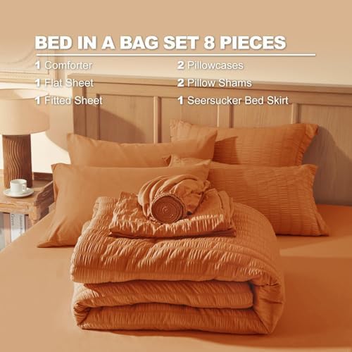 Laojin Balhen Queen Comforter Set 7 Pieces, Burnt Orange Seersucker Bed in a Bag Set Queen Size, All Season Luxury Bedding Sets with Comforter, Sheets, Pillowcase & Sham
