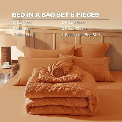 Laojin Balhen Queen Comforter Set 7 Pieces, Burnt Orange Seersucker Bed in a Bag Set Queen Size, All Season Luxury Bedding Sets with Comforter, Sheets, Pillowcase & Sham