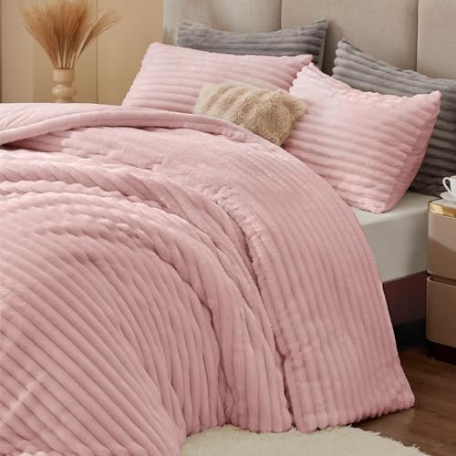 BEDELITE Fleece Queen Comforter Set, Fluffy Bed Set, Pink