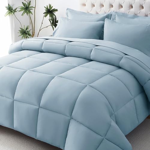 JOLLYVOGUE California King Comforter Set, Ultra-Soft Bed in a Bag Cal King Size 7 Pieces, Oeko-TEX Certified Bedding Set with Down Alternative Comforter, Sheets, Pillowcases & Shams, Lake Blue