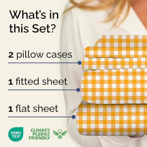 Full 4 Piece Striped Sheet Set - Breathable & Cooling - Orange Gingham