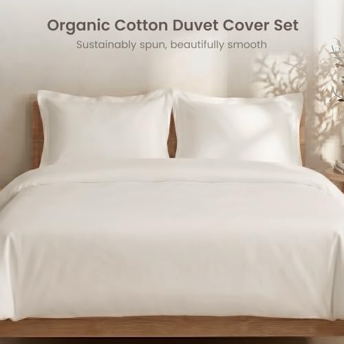 BIOWEAVES 100% Organic Cotton King Duvet Cover Set, 3-Piece, 300 Thread Count Sateen Weave GOTS Certified Comforter Cover with Buttoned Closure and 2 Pillow Shams – Cream, 104x90 inches