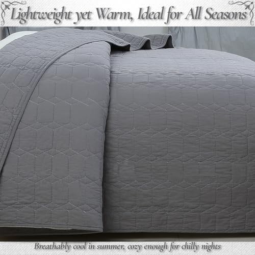 Cozy Line Home Fashions 100% Cotton Quilt Set – 3-Piece Charcoal Gray Solid Classic Modern Geometric Quilted Bedspread with Shams, Lightweight All Season Modern Bedding (Hexagon Gray, King)