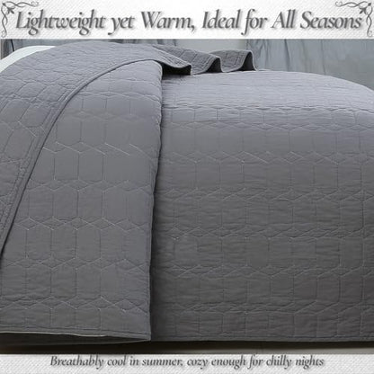 Cozy Line Home Fashions 100% Cotton Quilt Set – 3-Piece Charcoal Gray Solid Classic Modern Geometric Quilted Bedspread with Shams, Lightweight All Season Modern Bedding (Hexagon Gray, Queen)