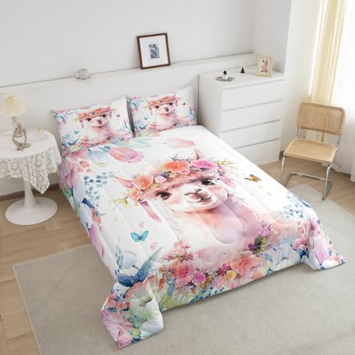 Feelyou Cute Llama Comforter Set King Size Kids Cartoon Animal Comforter for Boys Girls Teens Flower Floral Print Bedding Set Farm Zoo Garden Theme Duvet Set Room Decor Quilt Set