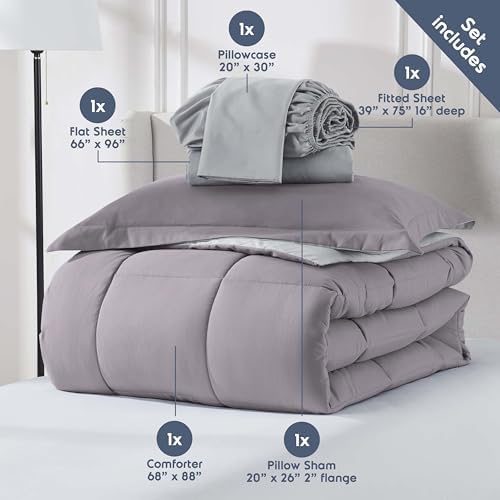 Nestl 7 Piece Twin Comforter Set – Grey Lavender Reversible Bed in a Bag – Complete Twin Size Bedding Set with Sheets, Set of 2 Down Alternative Pillows, Pillowcase and Sham
