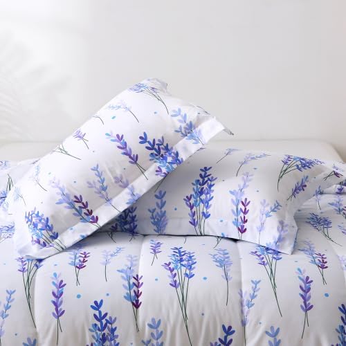 Mooreeke Queen Size Comforter Sets, Lavender Flower Cluster Patterned Bedding for All Seasons, 3-Piece Vintage Bed in a Bag with Fluffy Quilted Reversible Comforter & 2 Pillow Shams