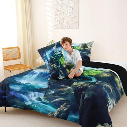 Feelyou Dragon Kids Comforter Set King Size Magical Beast Bedding Set Wild Animal Duvet Quilt for Kids Boys Girls Bedroom Fantasy Animal Decor Jungle Dragon Microfiber Ultra Soft Breathable