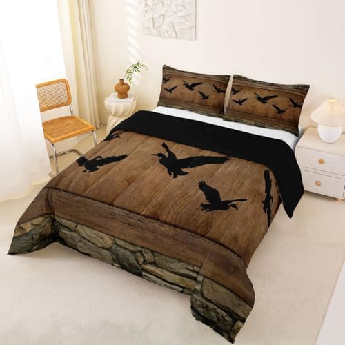 Manfei Cute Mallard Comforter Set Twin Size,Rustic Farmhouse Brown Wooden Bedding Set 2pcs,Fishing and Hunting Down Comforter for All Season,Kids Boys Girls Room Decor,1 Pillowcase,No Sheets