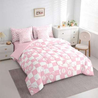 Erosebridal Pink Fashion Y2K Full Bedding Set 7 Piece For Girls Room Decor,Girly Coquette Bowknot Comforter Set For Kids Teen Women,Cherry Lucky 8 Ball Bed In A Bag With Sheets Cute Pink Plaid Bed Set