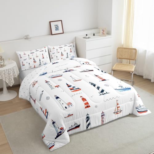 Lighthouse Comforter Set Queen Size,Nautical Anchor and Boat Rudder Quilted Duvet Kids Boys Undersea Adventure Bedding Set 3pcs for Teens Men Room Decor Modern White Duvet Insert,2 Pillowcases
