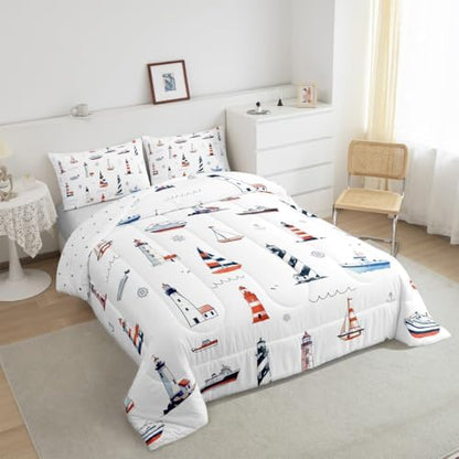 Lighthouse Comforter Set Queen Size,Nautical Anchor and Boat Rudder Quilted Duvet Kids Boys Undersea Adventure Bedding Set 3pcs for Teens Men Room Decor Modern White Duvet Insert,2 Pillowcases