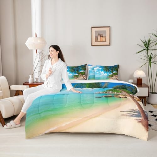 Erosebridal Ocean Beach Full Size Comforter Set, Palm Trees 7-Piece Bed in A Bag, Coastal Nature Theme Sheets and Pillowcases, Hawaiian Kids Boys Men Women Bedding Set Room Decor