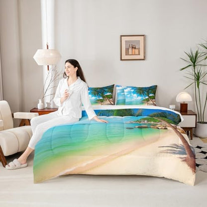 Erosebridal Ocean Beach King Size Comforter Set, Palm Trees 7-Piece Bed in A Bag, Coastal Nature Theme Sheets and Pillowcases, Hawaiian Kids Boys Men Women Bedding Set Room Decor
