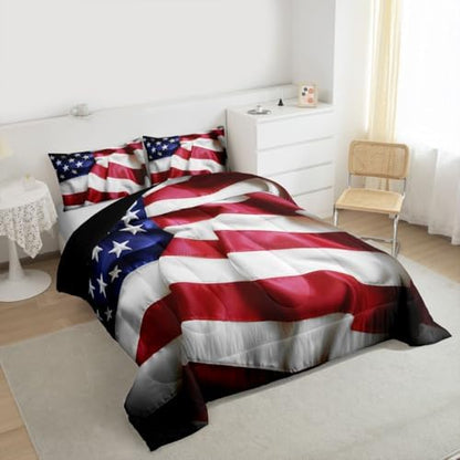 Erosebridal American Flag Comforter Set, United States Down Comforter Queen Size for Kids Boys Teens, USA Federations Stars Bedding Set Geometric Stripes Quilted Duvet for Bedroom, Blue White and Red