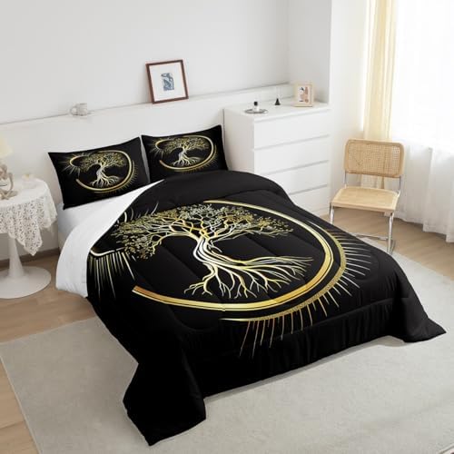 Castle Fairy Sun Moon Comforter Set Queen Size,Trees of Life Bedding Set 3pcs for Kids Teens Boys Bedroom Decor,Gold Glitter Plants Down Comforter Black Vintage Exotic Quilt Set with 2 Pillowcases