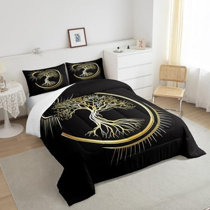 Castle Fairy Sun Moon Comforter Set Queen Size,Trees of Life Bedding Set 3pcs for Kids Teens Boys Bedroom Decor,Gold Glitter Plants Down Comforter Black Vintage Exotic Quilt Set with 2 Pillowcases