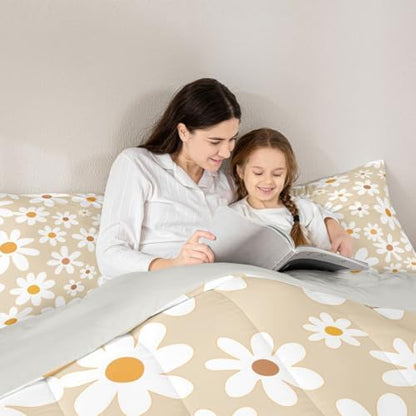 jejeloiu Retro Daisy Farmhouse Bedding Set for Boys Girls, Cute Daisy Comforter Set Toddler Size Cute Flower Duvet Quilt Microfiber Floral Botanical Pattern Bedroom Decor 2 Pcs with 1 Pillow Cases
