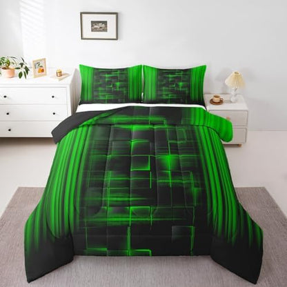 Feelyou Kids Green and Black Comforter Set Ombre Bedding Set Full Size for Boys Girls Teens Bedroom Decor Ombre Effects Comforter Square Strip Lines Duvet Set with 2 Pillow Case