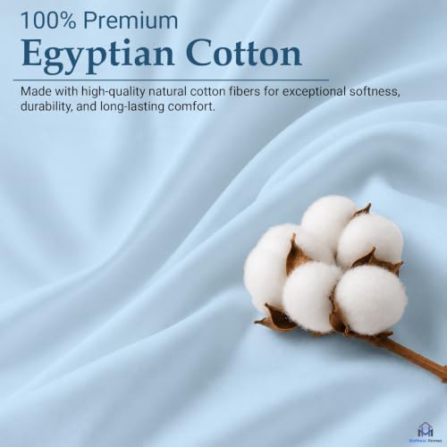 Mattress-Homes Premium Collection, 7 PC Split Sheet Set, 100% Egyptian Cotton Crisp Fits Mattress Up to 18" DEEP Pocket, King Size, Machine Wash, Extra-Soft Breathable Sheets in Light Blue Solid