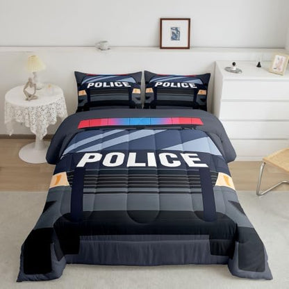 Feelyou Police Car Comforter Set King Size Automobile Bedding Set for Kids Boys Girls Policeman Vehicle Duvet Quilt Bedroom Decor Microfiber 3 Pcs with 2 Pillow Cases