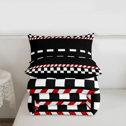 Feelyou Boys Race Car Comforter Set All Season Black White Plaid Bedding Set with 2 Pillow Cases Buffalo Check Microfiber Kids Full Bedclothes Bedroom Decor Duvet Quilt Breathable Soft Lightweight