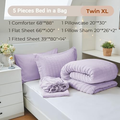 MUXHOMO 5 Pieces Twin XL Comforter Set, Seersucker Bed in a Bag Twin XL Size, All Season Luxury Bedding Set with Comforter, Flat Sheet, Fitted Sheet, Pillowcase & Sham, Lavender
