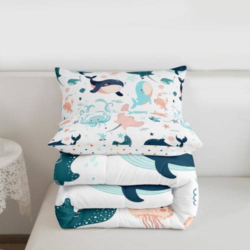 Kids Kawaii Whale Bedding Set Cute Dolphin Comforter Set for Girls Boys Children King Cartoon Crab Jellyfish Octopus Comforter Underwater World Quilt Duvet Ocean Animal Theme Bedroom Decor 3 Pcs