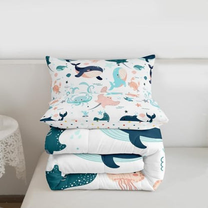 Kids Kawaii Whale Bedding Set Cute Dolphin Comforter Set for Girls Boys Children King Cartoon Crab Jellyfish Octopus Comforter Underwater World Quilt Duvet Ocean Animal Theme Bedroom Decor 3 Pcs
